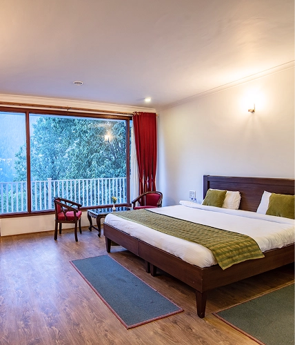 Bright hotel room with a double bed and balcony view