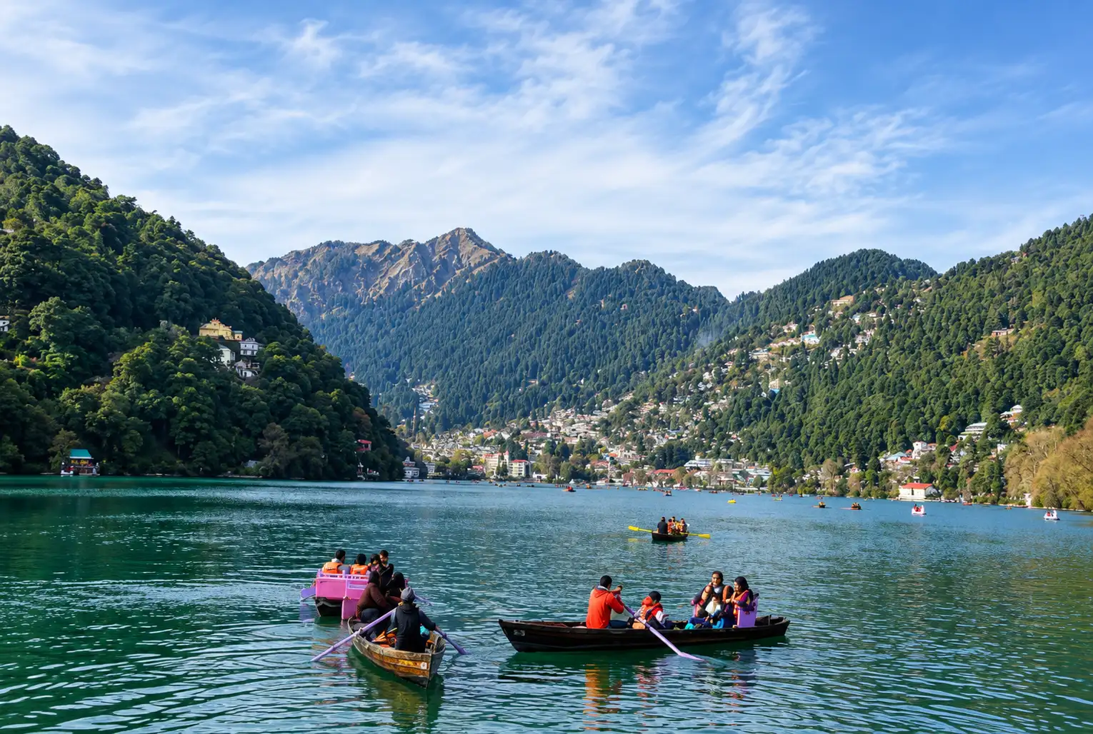 Boats on Naini Lake with the hills of Nainital behind