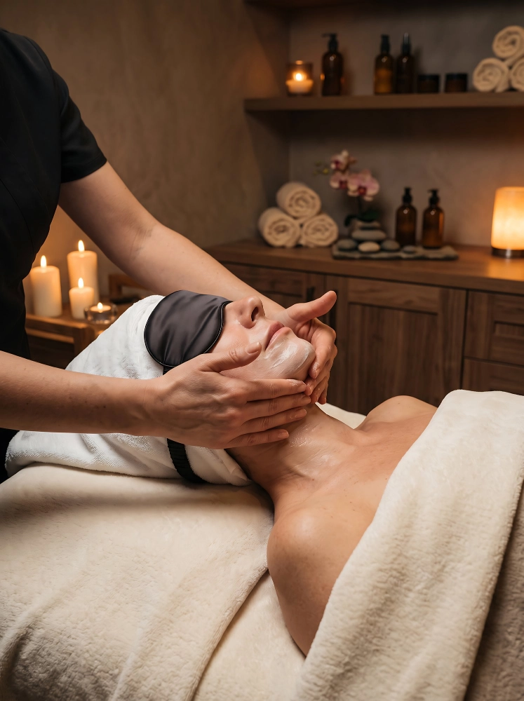 Guest receiving a facial treatment in a candle-lit spa room